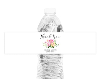 Personalized Wedding Water Bottle Labels, Pink Floral Waterproof Stickers (Set of 20)