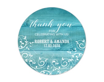 Rustic Teal Wedding Favor Stickers, Custom Thank You for Celebrating with Us Labels - WED13