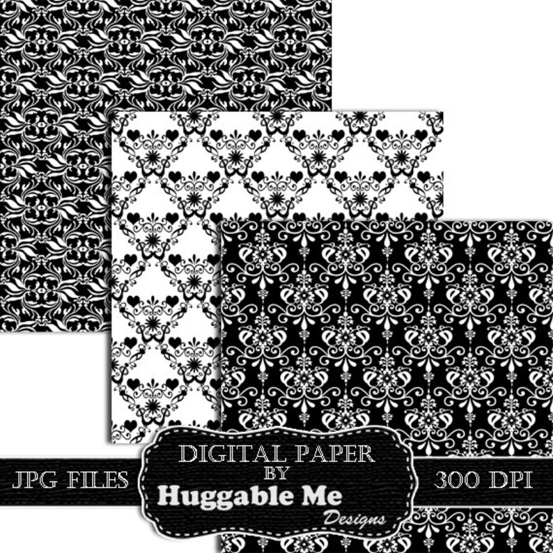 Digital Black Damask Paper Instant Download Black and White Etsy