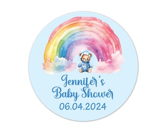 Baby Shower Favor Stickers Personalized, Rainbow Teddy Bear Custom Labels for Party Favors, Gender Neutral Baby Shower Decor - BB38