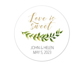 Love is Sweet Green Floral Wedding Favor Stickers, Personalized Party Labels - WED24