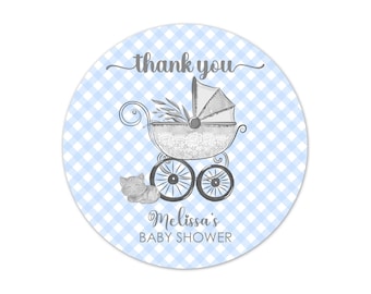 Baby Shower Favor Stickers Personalized, Blue Gingham Vintage Carriage Design Custom Labels - BB10