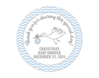 Blue Stork Stickers for Baby Shower Favors, Party Favor Labels, Baby Shower Thank You Stickers, Round Baby Boy Shower Stickers - BB3