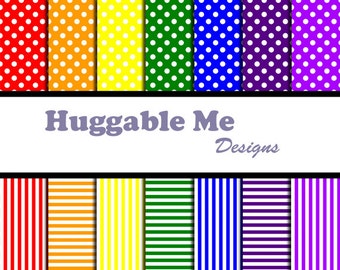 Polka Dot Paper and Stripe Paper in Rainbow Colors - Instant Download Scrapbook Printables 12x12 - HMD00076