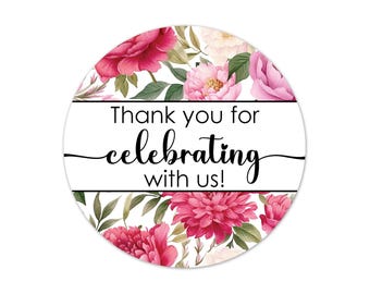 Pink Peony Thank You Stickers, Floral Wedding Favor Labels