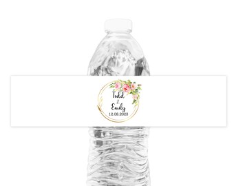 Pink Floral Wedding Water Bottle Labels, Set of 20 Personalized Waterproof Stickers