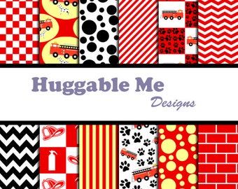 Fire Truck Digital Papers - Instant Download Fireman Scrapbook Paper for Invitation, Cards, Background 12x12 - HMD00087