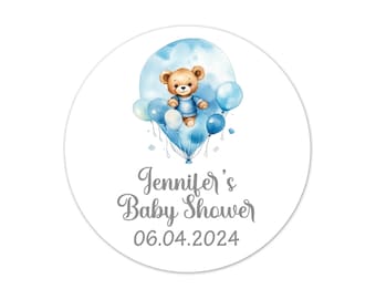 Blue Bear Baby Shower Stickers, Personalized Balloons Party Favor Labels - BB36