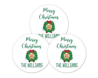Personalized Holiday Present Labels, Merry Christmas Gift Label Stickers, Green Xmas Wreath and Reindeer Adhesive Round Labels - XMAS14