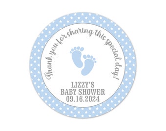Blue Baby Footprints Stickers for Baby Shower Favors, Party Favor Labels, Baby Shower Thank You Stickers, Round Baby Shower Stickers - BB4