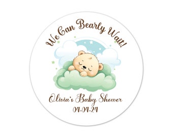 We Can Bearly Wait Baby Shower Stickers, Personalized Neutral Gender Green Party Favor Labels - BB56