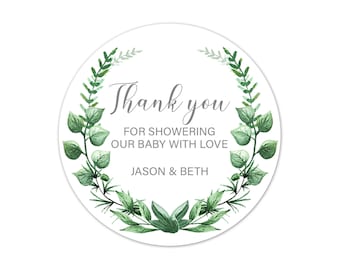 Custom Greenery Baby Shower Stickers, Personalized Botanical Wreath Favor Labels, Thank You Round Gift Tags - BB14