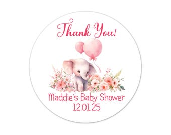 Pink Elephant Baby Shower Favor Stickers Personalized, Custom Labels for Girls, Thank You Stickers, Baby Shower Decorations - BB93
