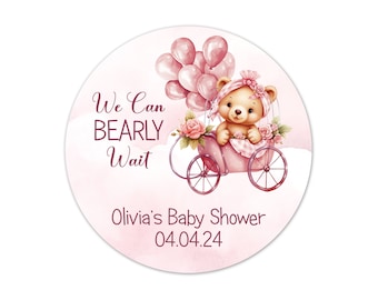 Baby Shower Stickers, Pink Carriage Baby Girl We Can Bearly Wait Labels for Party Favors and Welcome Bags - BB47