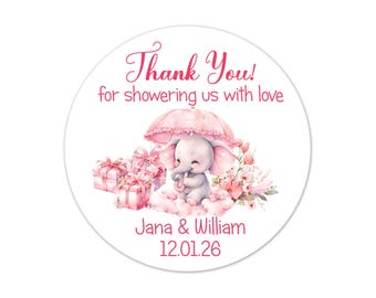 Personalized Baby Shower Favor Stickers, Pink Elephant Custom Labels, Thank You for Showering Us With Love Gift Tags - BB94