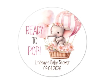 Ready to Pop Baby Shower Favor Stickers, Personalized Elephant Girl Theme Labels, Custom Pink Thank You Tags - BB95