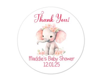Elephant Baby Shower Favor Stickers, Personalized Pink Thank You Labels, Custom Girl Baby Shower Stickers, Favor Tags - BB92