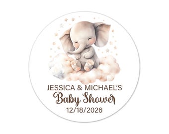 Custom Baby Shower Labels, Sweet Elephant on Cloud Favor Stickers, Personalized Twinkle Twinkle Little Star Party Seals - BB113