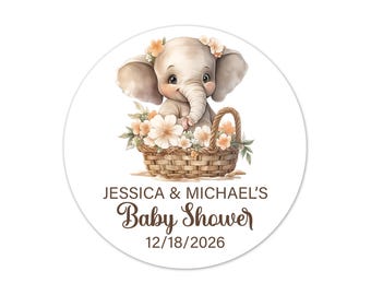 Personalized Elephant Baby Shower Stickers, Custom Garden Party Favor Labels, Gender Neutral Party Invitation Seals - BB114