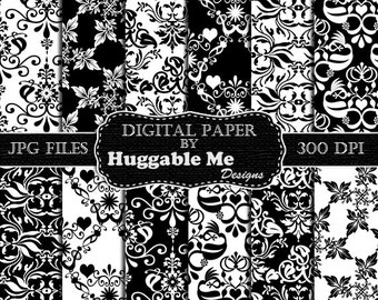 Digital Black Damask Paper - Instant Download Black and White Damask Paper for Scrapbook, Wedding, Invitations, Cards (12x12) - HMD00028