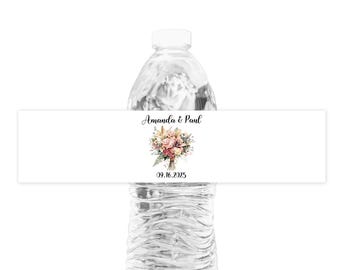 Custom Floral Wedding Water Bottle Label, Set of 20 Personalized Waterproof Bottle Wrapper Labels