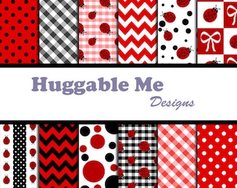 Ladybug Digital Paper - Red & Black Chevron, Gingham, Ladybug Themed Patterns Instant Download for Scrapbook, Card 12x12 - HMD00053