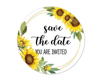 Sunflower Save the Date Stickers, Round Wedding Envelope Seals, Floral Invitation Labels