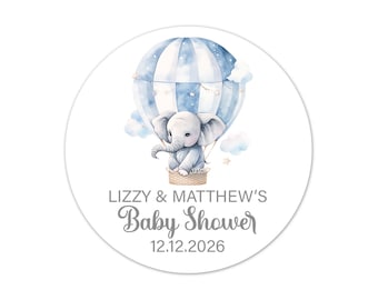 Custom Baby Shower Favor Stickers, Personalized Labels Hot Air Balloon Elephant Watercolor Blue Boy Party Gift Decals - BB107