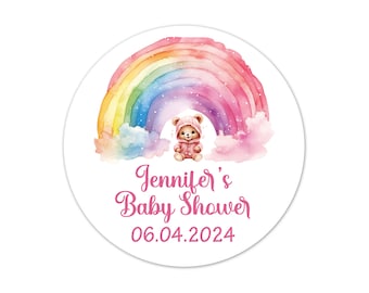 Rainbow Bear Baby Shower Favor Stickers, Personalized Thank You Labels - BB39