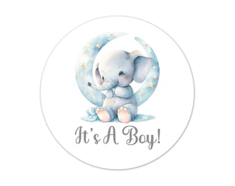 Elephant Baby Shower Stickers, It's A Boy Favor Labels, Baby Boy Gender Reveal Decor