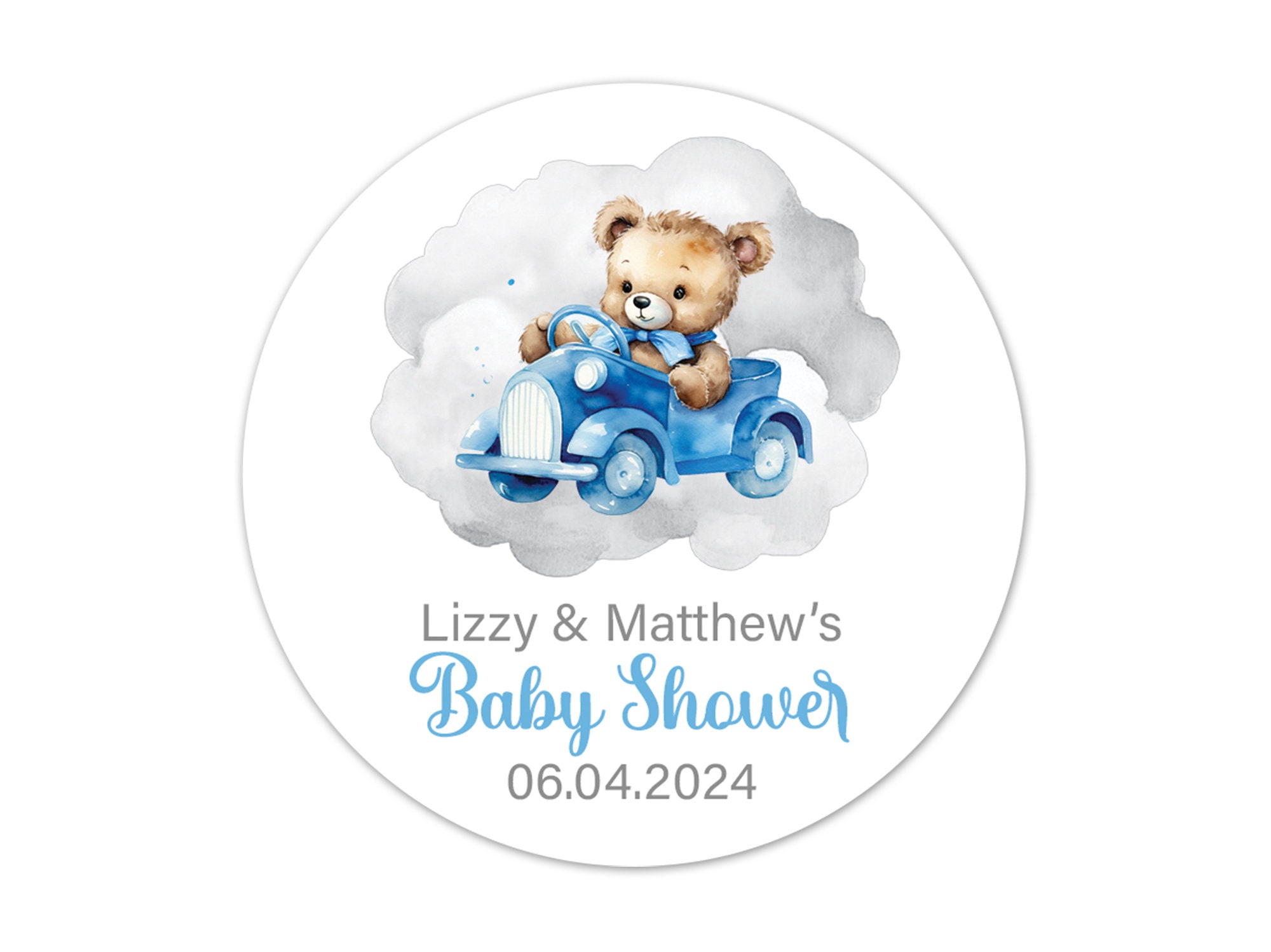 Blue Bear Baby Shower Stickers, Personalized Round Labels for Party Favors and Welcome Bags, Baby Thank You Stickers - BB52