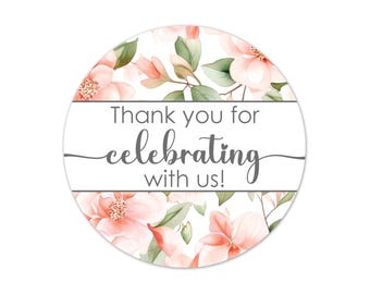 Floral Thank You Stickers, Pink Peach Wedding Favor Labels