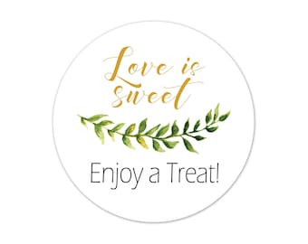 Love is Sweet Wedding Favor Stickers, Greenery Botanical Candy Buffet Labels, Bridal Shower Treat Bag Stickers - AZST40