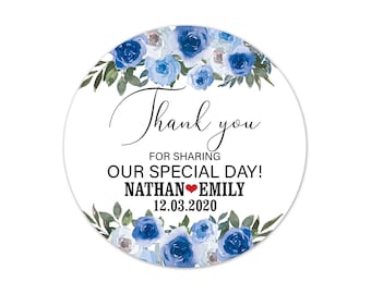 Blue Floral Wedding Favor Stickers, Personalized Thank You for Sharing Our Special Day Labels - WED72