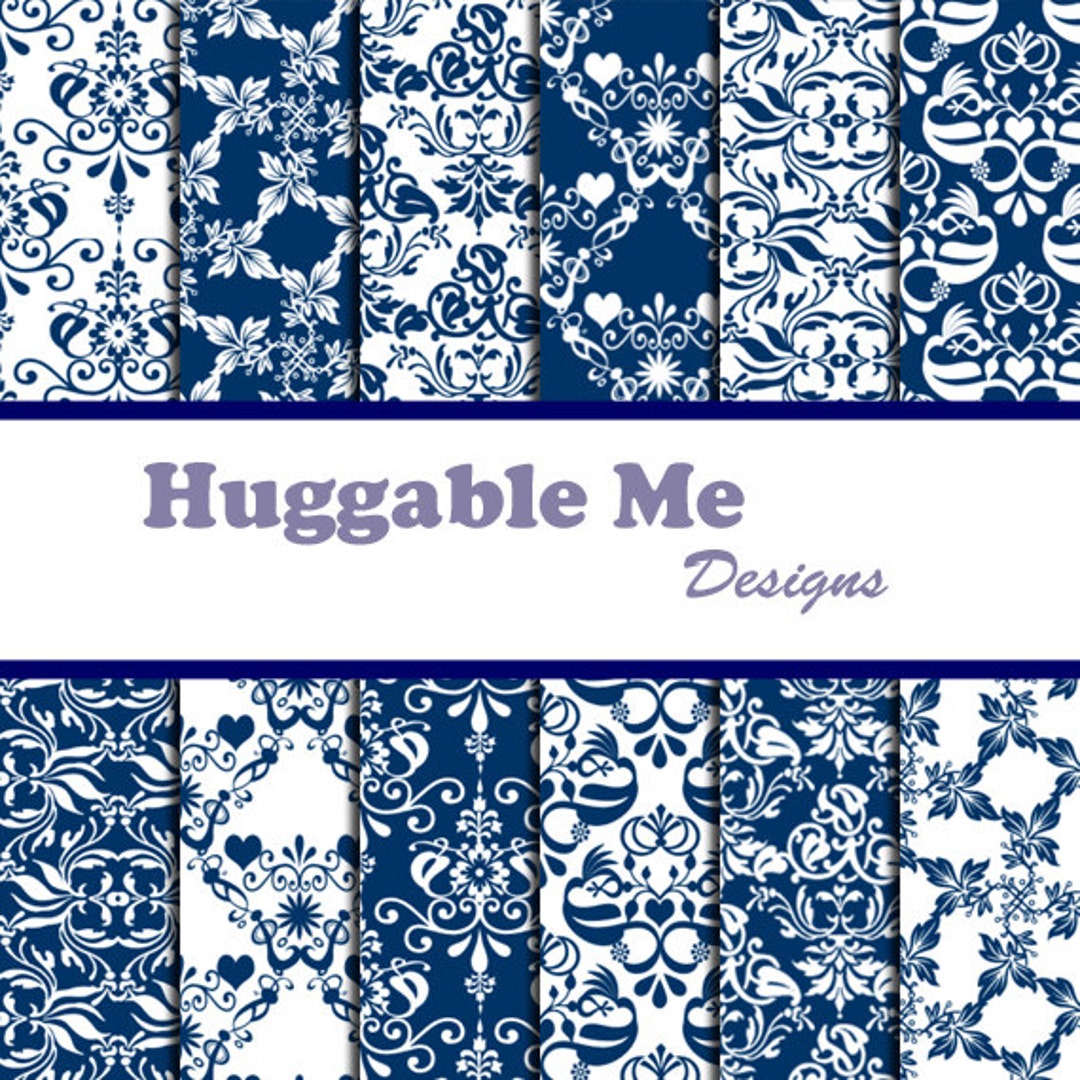 Digital Blue Damask Paper Navy Blue & White Damask Designs Etsy