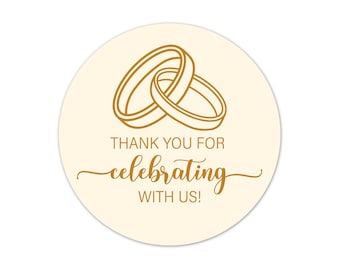 Gold Wedding Ring Stickers, Thank You for Celebrating with Us Favor Labels