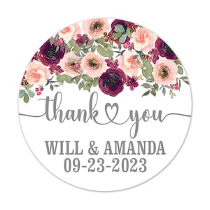 Rose Wedding Thank You Stickers, Pink Floral Engagement Party Favor Bag Labels, Personalized Stickers for Bridal Shower - WED106