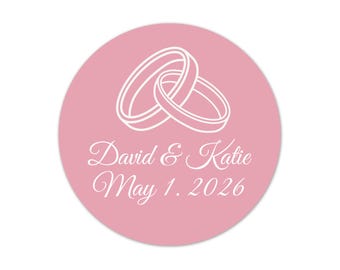 Rose Pink Wedding Favor Stickers, Custom Interlocking Rings Seal, Personalized Pink Bridal Shower Label - WED227