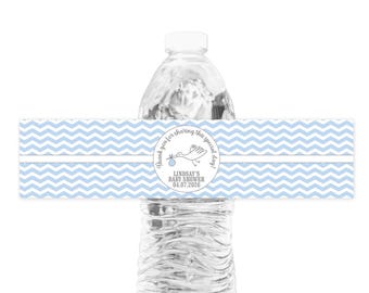 Personalized Blue Stork Baby Shower Water Bottle Labels, Custom Boy Shower Favors, Waterproof Bottle Wrapper