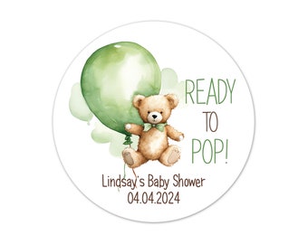Unisex Ready To Pop Baby Shower Stickers, Personalized Baby Boy or Girl Stickers for Treat Bags, Green Bear Balloons Party Favors - BB58