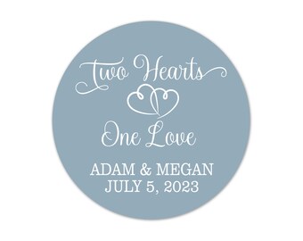 Personalized Wedding Favor Stickers, Slate Blue Two Hearts One Love Engagement Party Labels - WED33