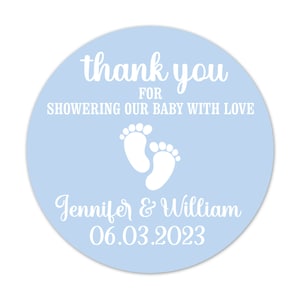 Blue Baby Footprints Stickers for Baby Shower Favors, Thank You for Showering Our Baby With Love Party Favor Round Labels - BB19