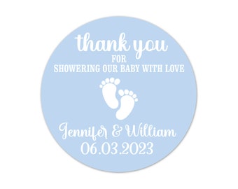 Blue Baby Footprints Stickers for Baby Shower Favors, Thank You for Showering Our Baby With Love Party Favor Round Labels - BB19