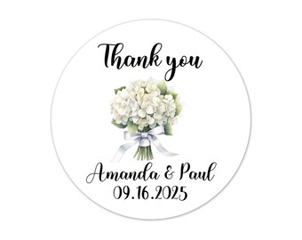 White Hydrangea Wedding Favor Stickers, Personalized Floral Thank You Tags, Custom Bridal Shower Labels - WED167
