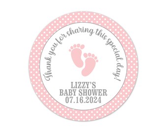 Pink Baby Shower Thank You Stickers, Baby Girl Foot Print Polka Dot Party Favor Labels, Thank You for Sharing This Special Day - BB7