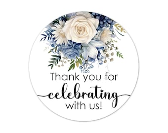 Dusty Blue Floral Thank You For Celebrating With Us Stickers, Wedding Favor Labels, Watercolor Rose Envelope Seals