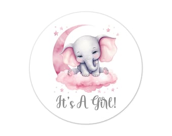 Pink Elephant Baby Shower Stickers, It's A Girl Gender Reveal Party Favor Labels