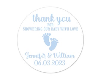 Personalized Baby Shower Stickers, Blue Baby Feet Custom Thank You Labels, It’s A Boy Treat Bag Tags - BB17