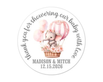 Personalized Elephant Baby Shower Favor Stickers, Whimsical Hot Air Balloon Thank You Custom Labels - BB98