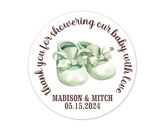 Personalized Baby Shower Favor Labels, Neutral Green Classic Booties Thank You Stickers, Custom Sweet Treat Bag Seals - BB67